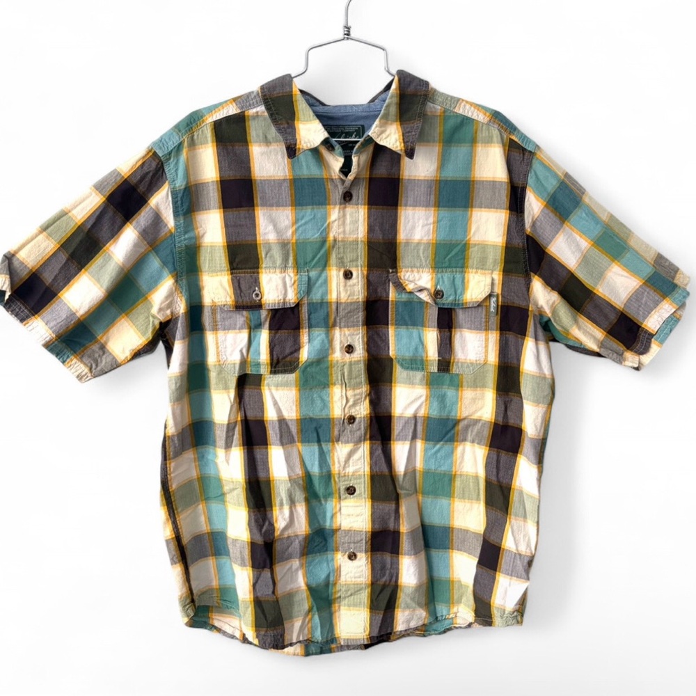 Woolrich Plaid Green, Yellow, Blue & Brown Button Down Shirt Size L Outdoors